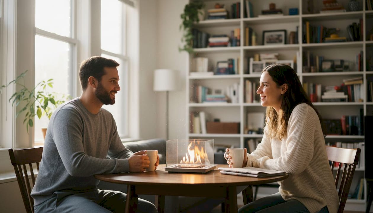 Couple with modern tabletop fireplace in bright apartment