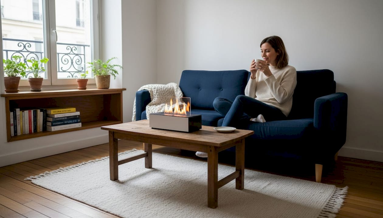 Une femme profite d’un moment de détente près d’un petit poêle dans un salon cosy et intimiste.