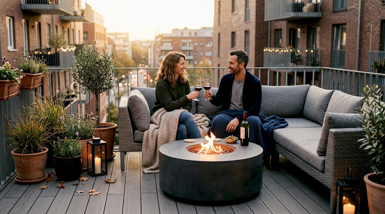 Städtische Dachterrasse mit einem Paar und rauchfreiem Feuerkorb – gemütliche Atmosphäre über den Dächern der Stadt.