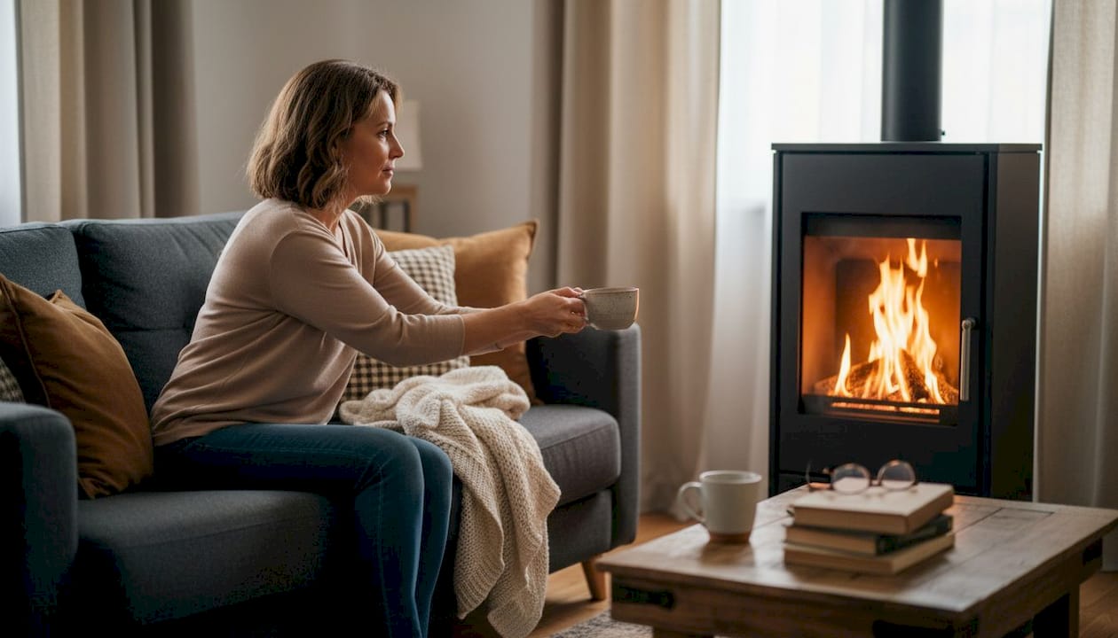 Un salon chaleureux, une cheminée crépitante et une femme paisiblement installée, profitant d’un moment de détente.
