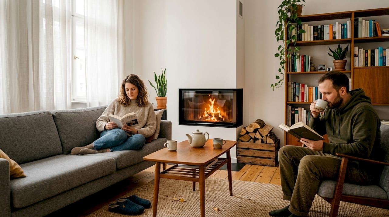 Couple with fireplace in bright city apartment