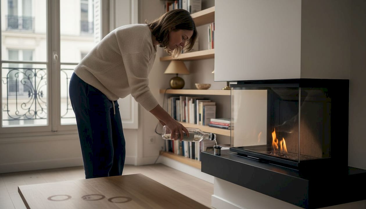 Une femme profite de la chaleur d’un poêle au bioéthanol dans son salon cosy.