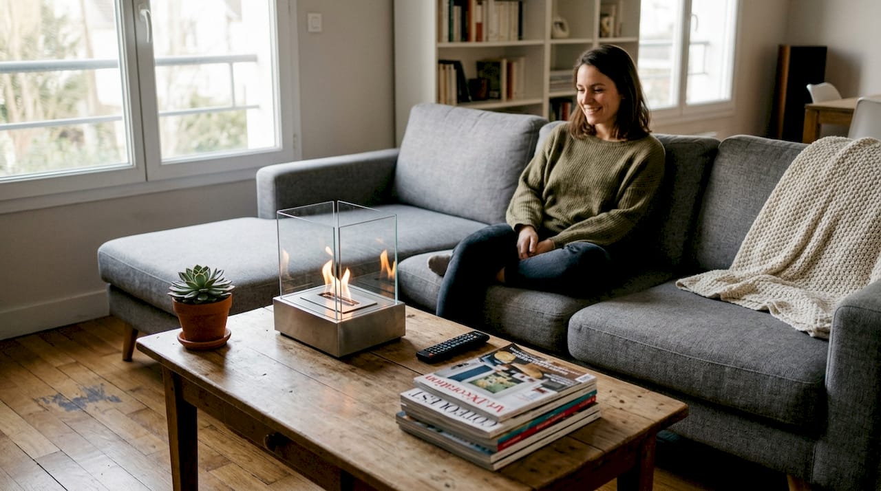 Une personne profite d’un moment de détente près d’une cheminée de table au design contemporain.
