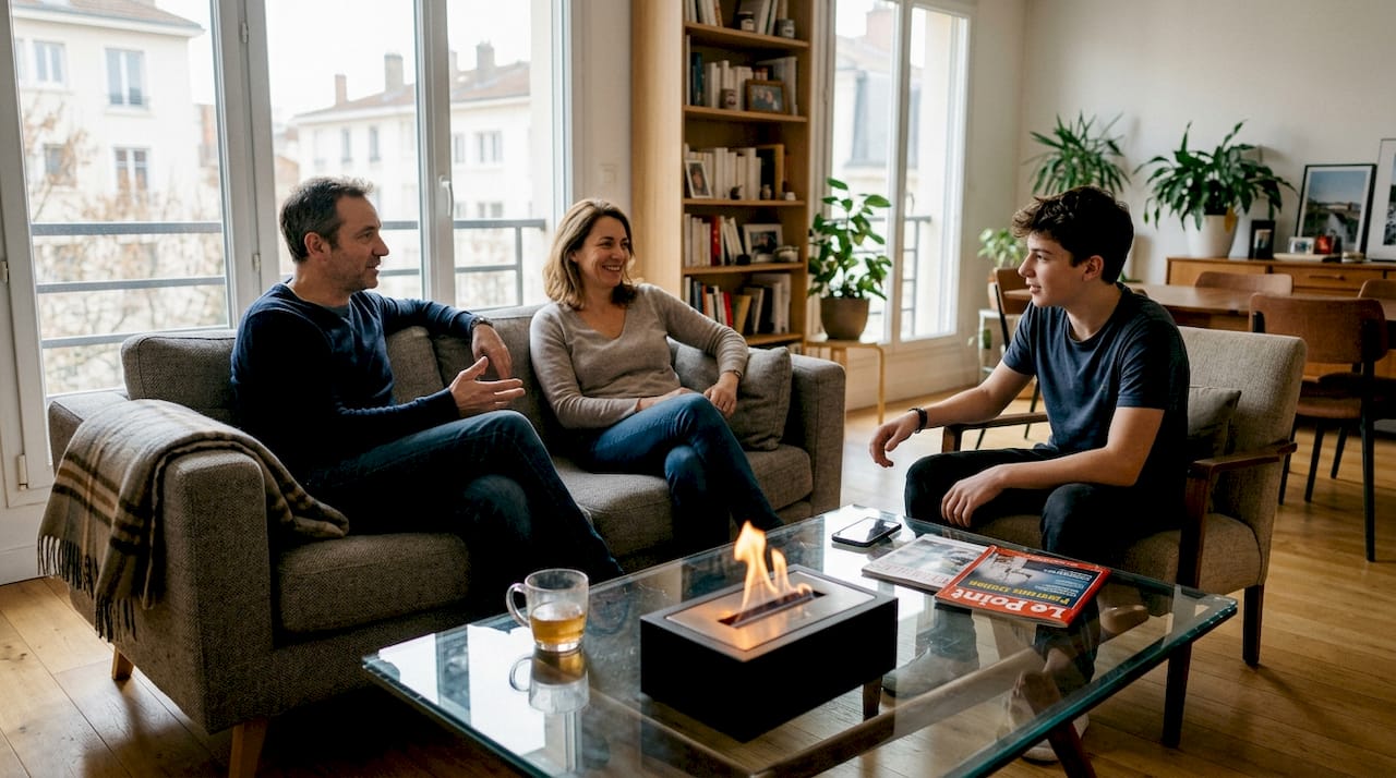 Le salon baigne dans une ambiance chaleureuse grâce au chauffage au bioéthanol en fonctionnement.