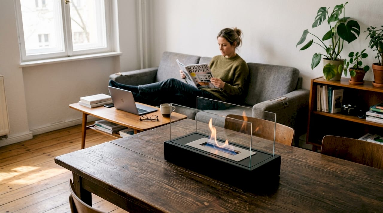 Eine Frau sitzt gemütlich im Wohnzimmer und liest ein Buch, während neben ihr ein moderner Tischkamin für wohlige Atmosphäre sorgt.