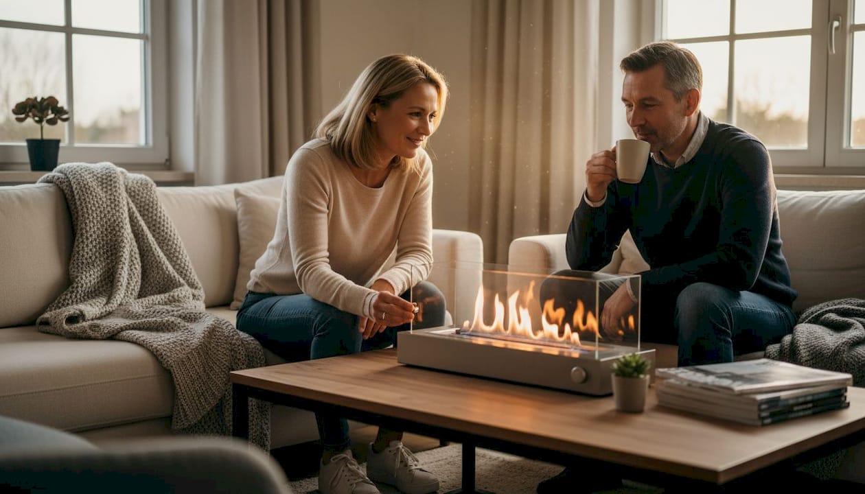 Ein moderner Tischkamin schafft eine gemütliche Atmosphäre im Wohnzimmer.
