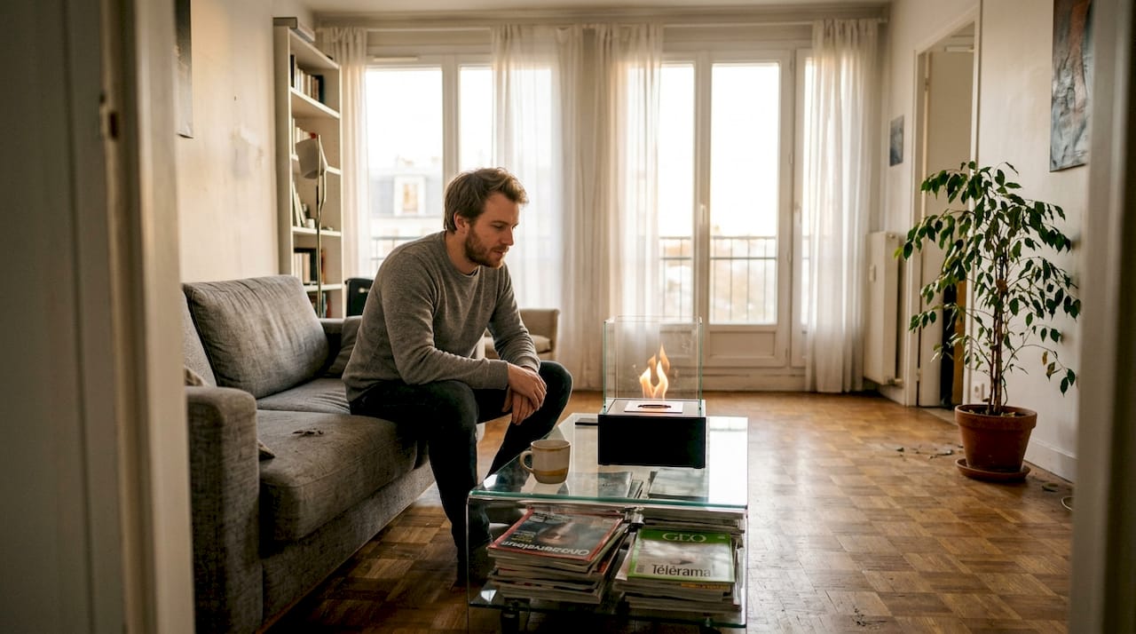 Un homme contemple les flammes d’un foyer à l’éthanol dans un salon au style contemporain.
