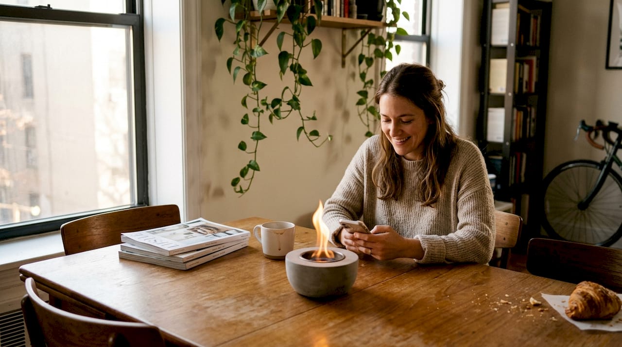 Woman with table fire bowl in apartment