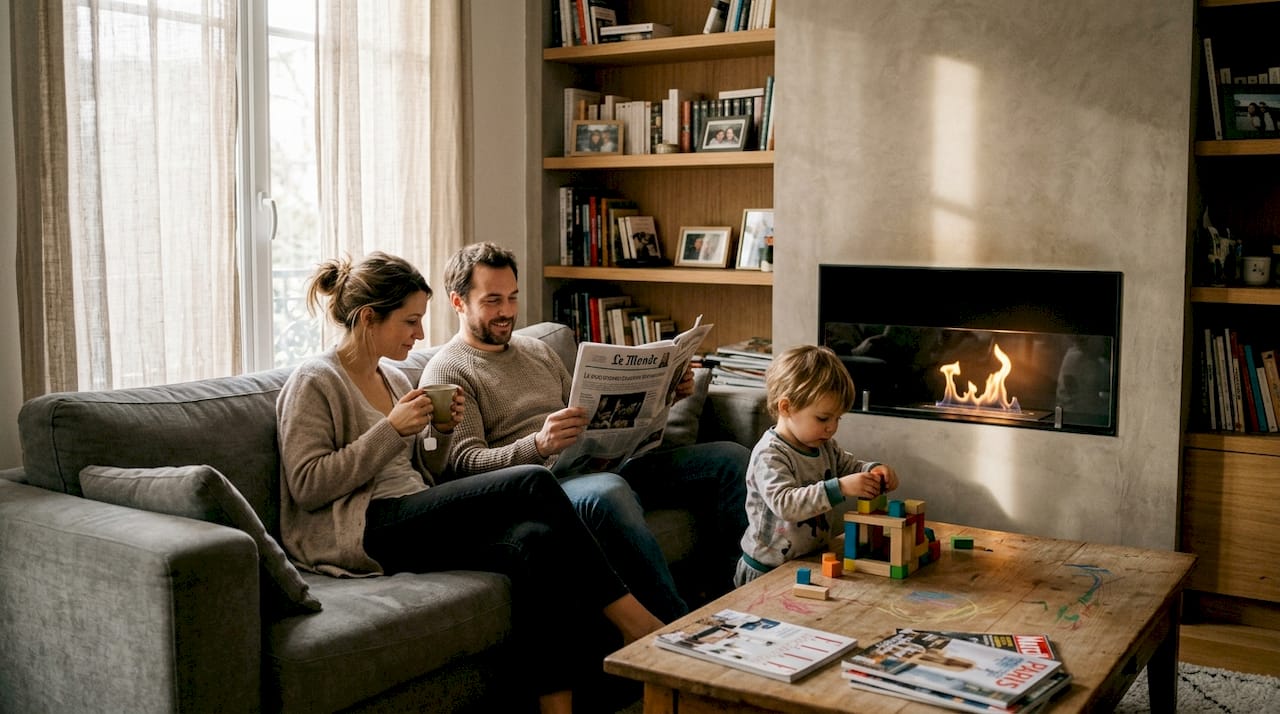 Un moment de détente en famille autour d’une cheminée au bioéthanol, pour profiter d’une ambiance chaleureuse à la maison.