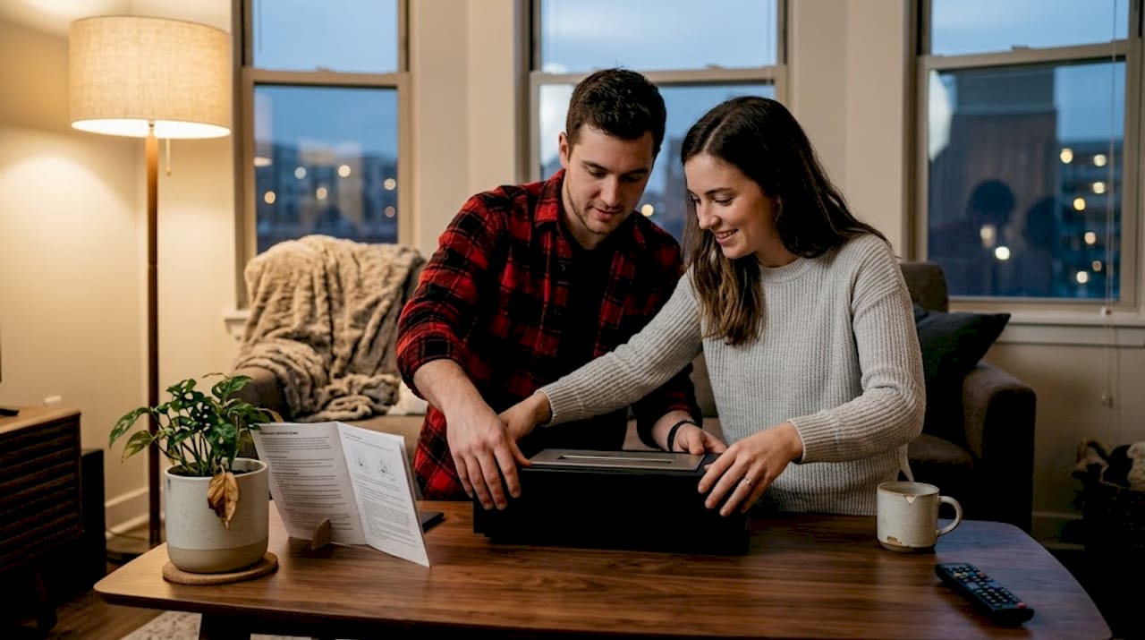 Couple setting up modern tabletop fireplace