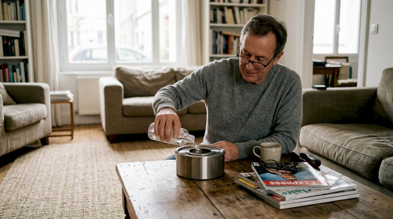 Un homme en train de remplir son poêle au bioéthanol dans le salon