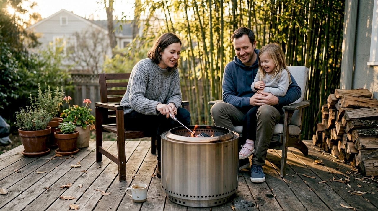 Eine Familie genießt einen gemütlichen Abend im Garten und sitzt gemeinsam um eine rauchfreie Feuerschale.