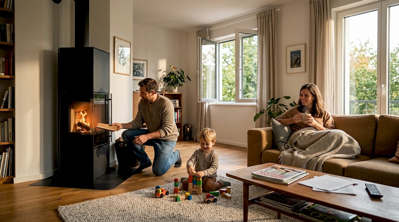 Ein moderner Kaminofen gehört für diese Familie ganz selbstverständlich zum Alltag – ob als gemütlicher Treffpunkt am Abend oder als zusätzliche Wärmequelle an kalten Tagen.