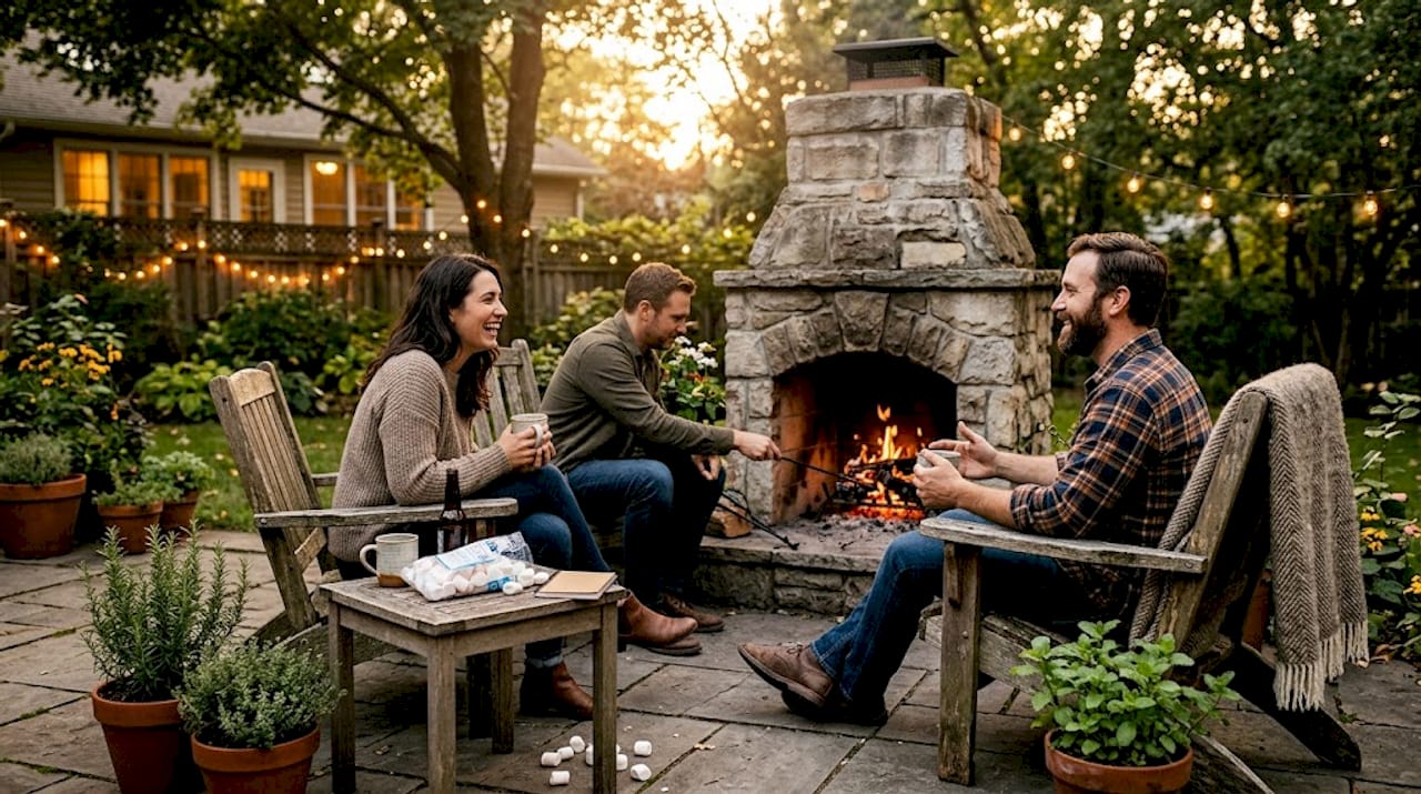 Friends gathered around patio fireplace at dusk