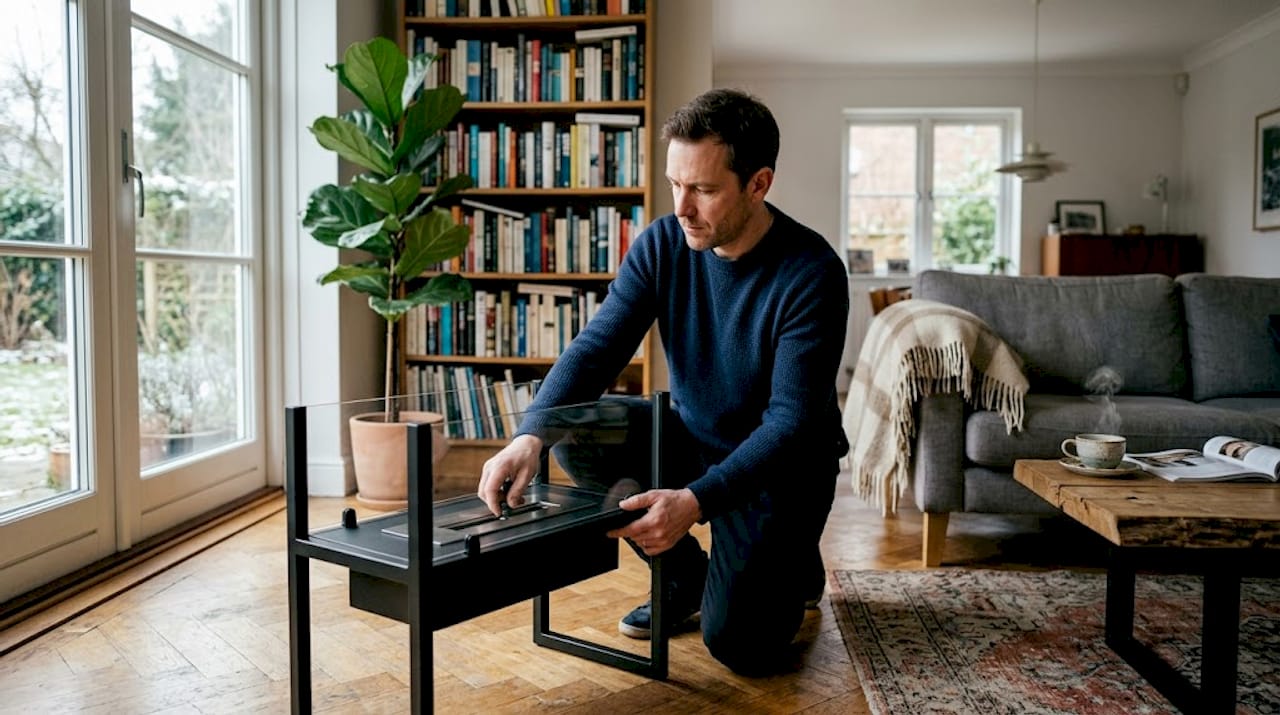Un poêle à éthanol installé dans le salon pour créer une ambiance chaleureuse à la maison.