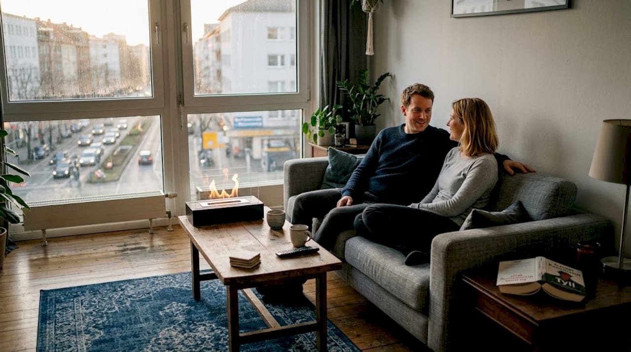 Ein Paar genießt die gemütliche Atmosphäre im modernen Wohnzimmer mit einer stilvollen Tischfeuerstelle.