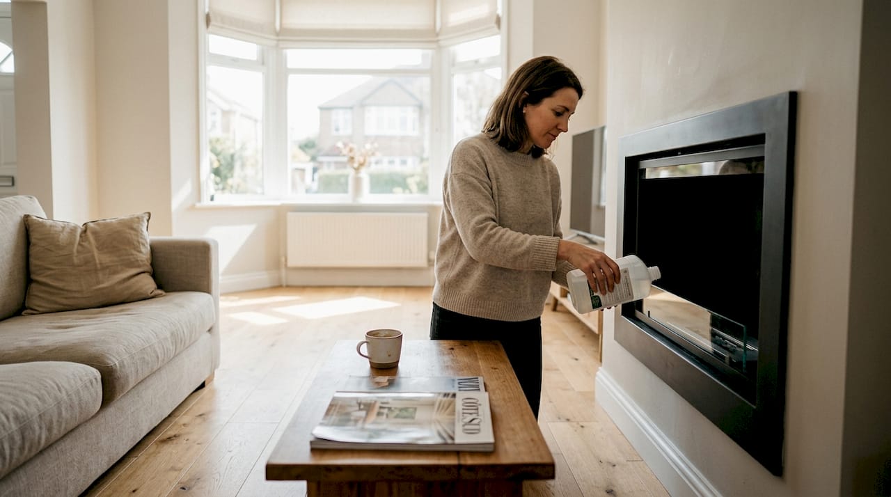 Une femme en train de recharger une cheminée au bioéthanol design.
