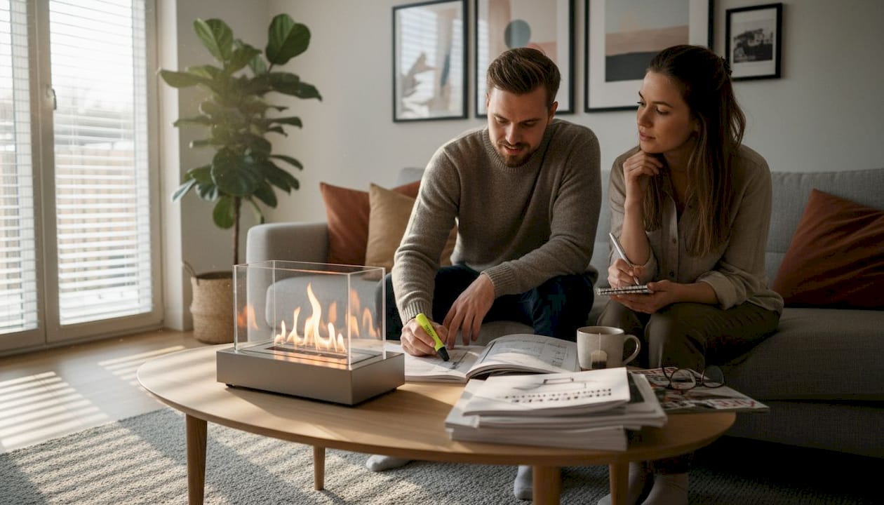 Couple reading fireplace guides at home
