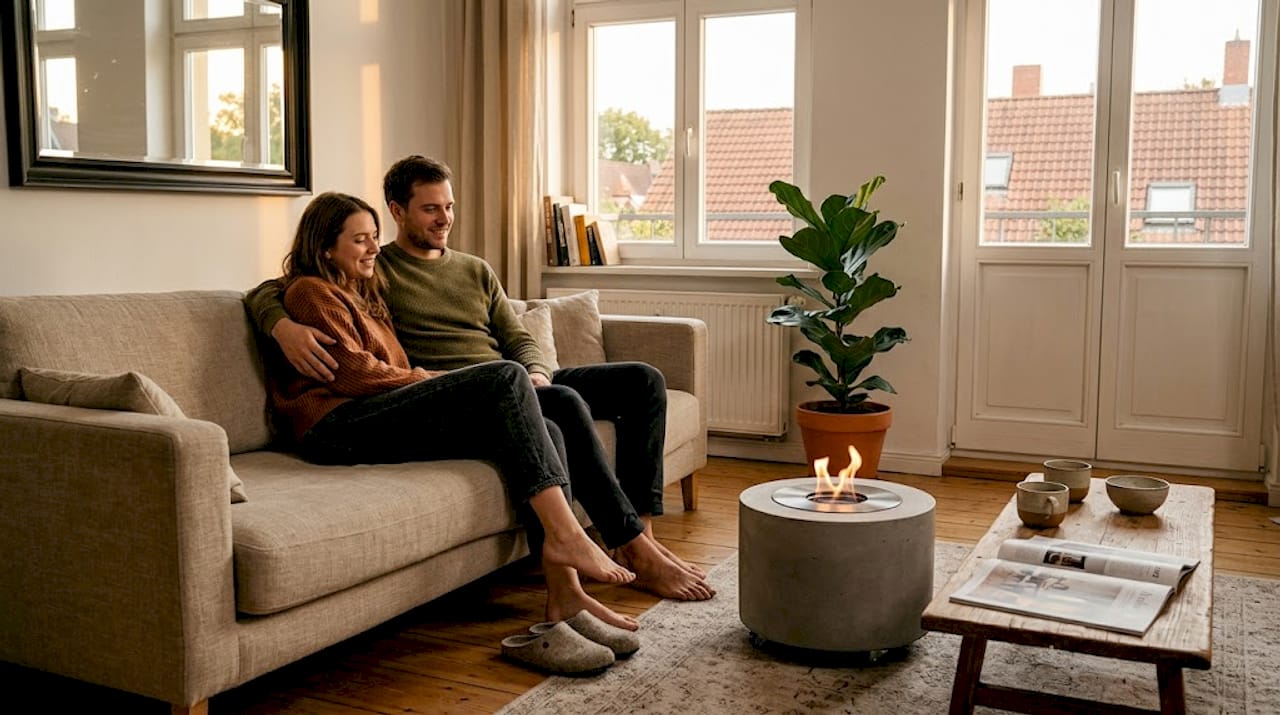 Ein mobiler Kamin sorgt für gemütliche Atmosphäre im modernen Wohnzimmer.