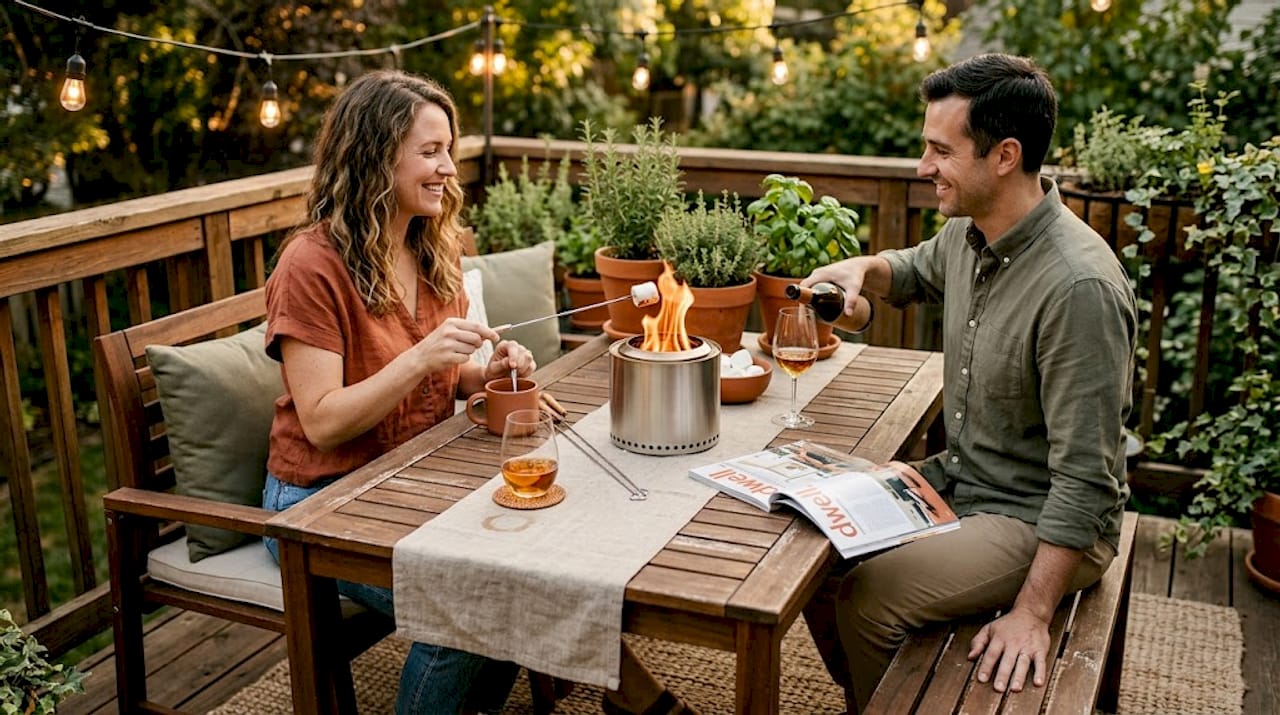 Couple using smokeless tabletop fire pit outdoors