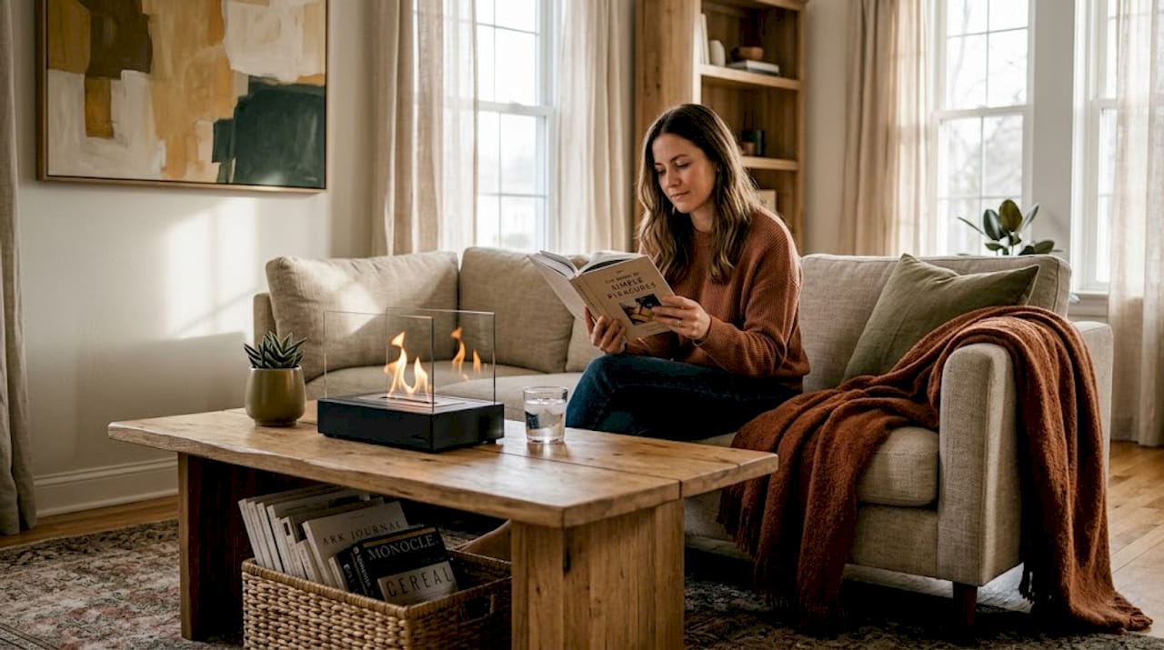 Woman reading near bio ethanol fireplace living room