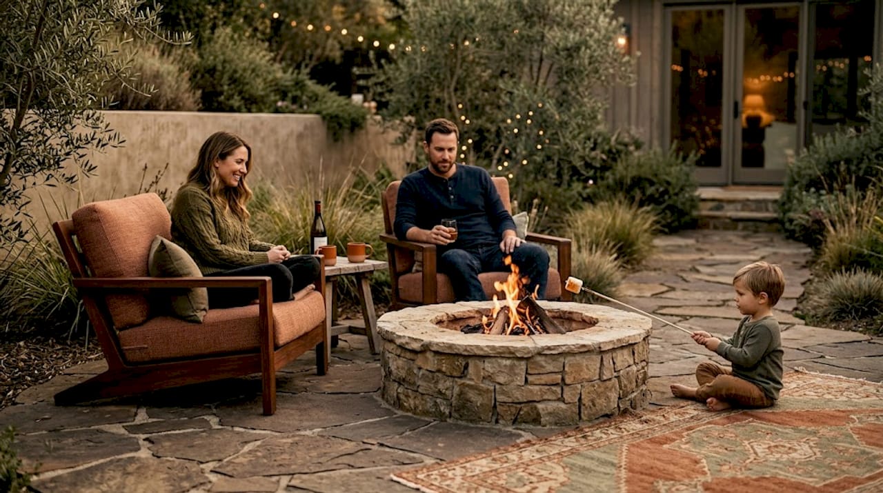 Family relaxing by fire pit centerpiece outdoors