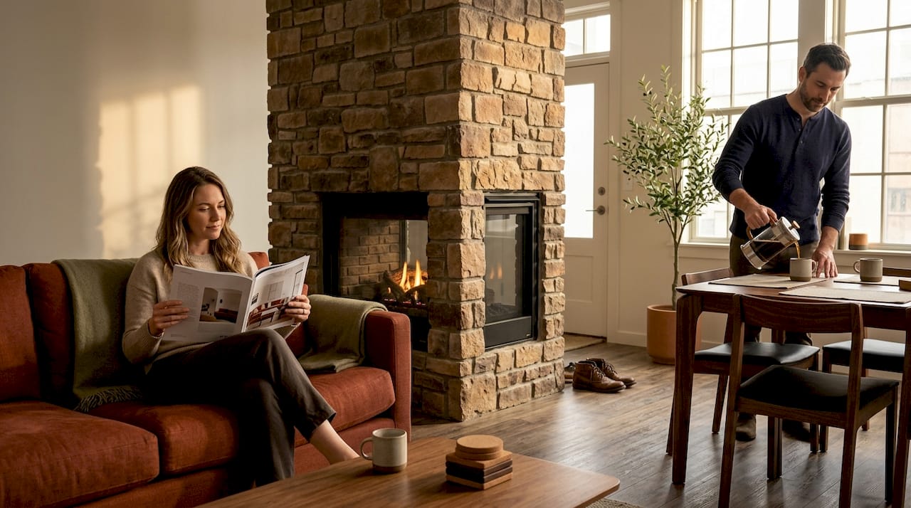 Open space with double-sided fireplace room divider