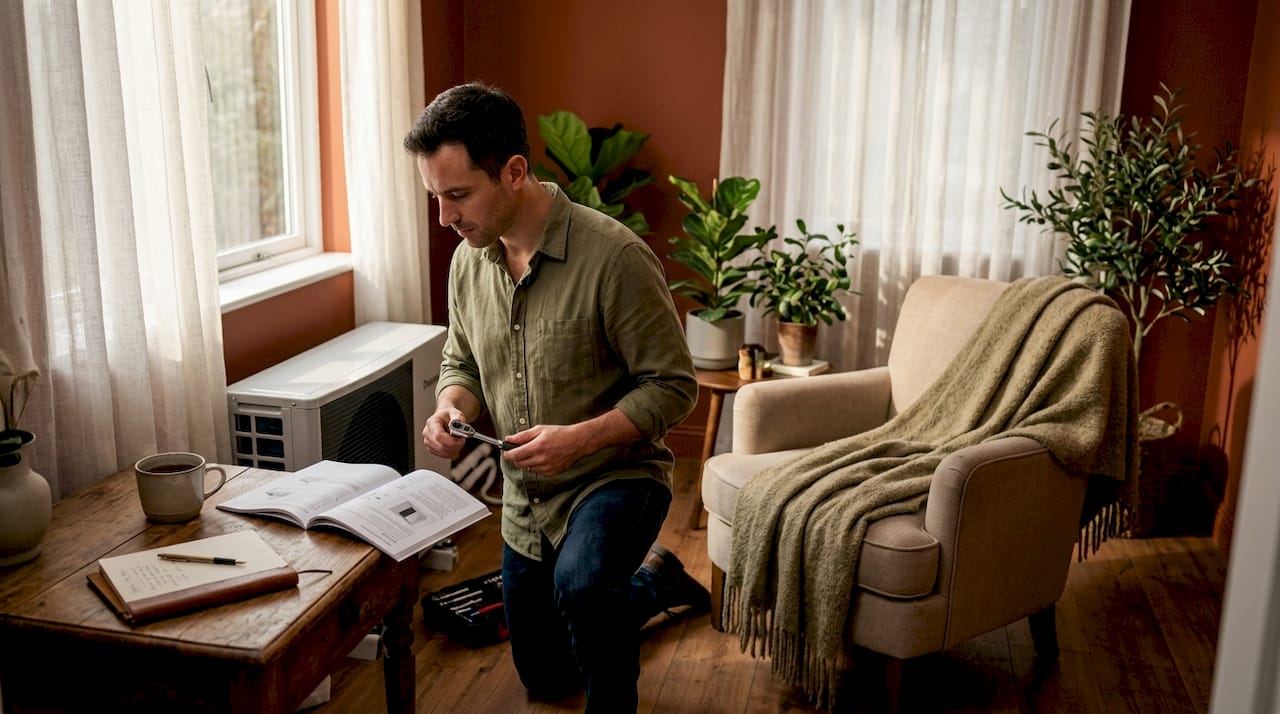 Homeowner installing emission-free heating device