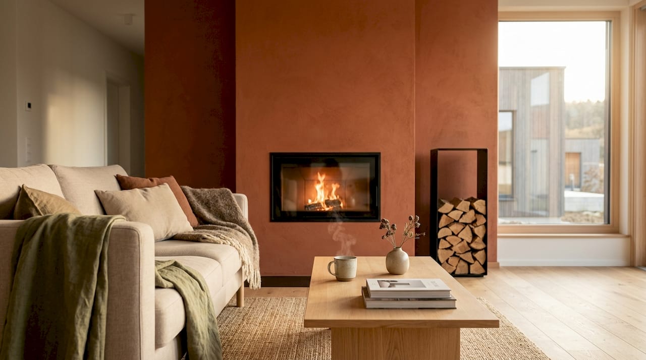 Modern living room with built-in fireplace