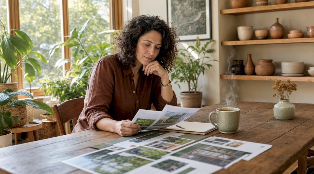 Woman reviewing sustainable heating brochures