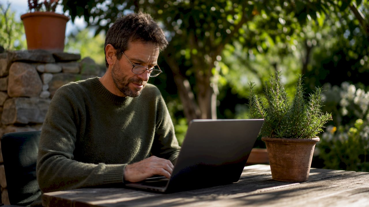Man shopping fireplaces online in home office