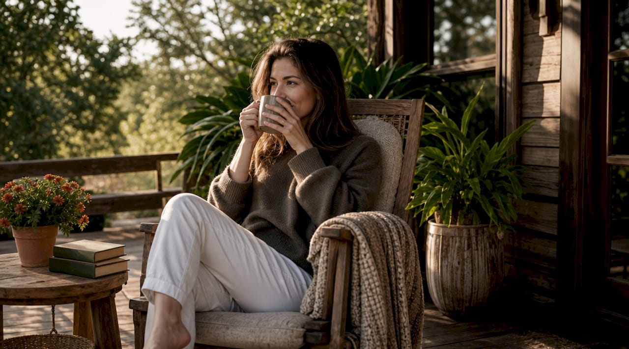 Woman relaxing in cozy warmly lit living room