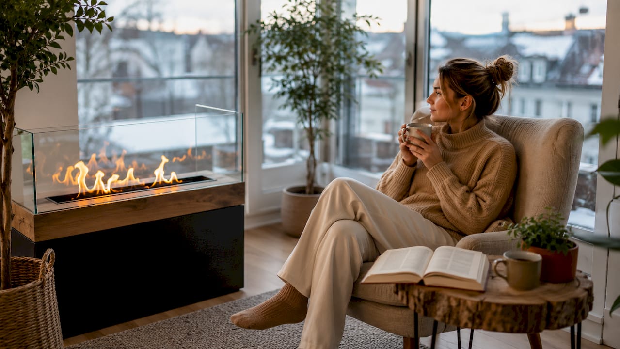 Eine Frau genießt entspannte Momente am Kamin im gemütlichen Wohnzimmer ihres Apartments.