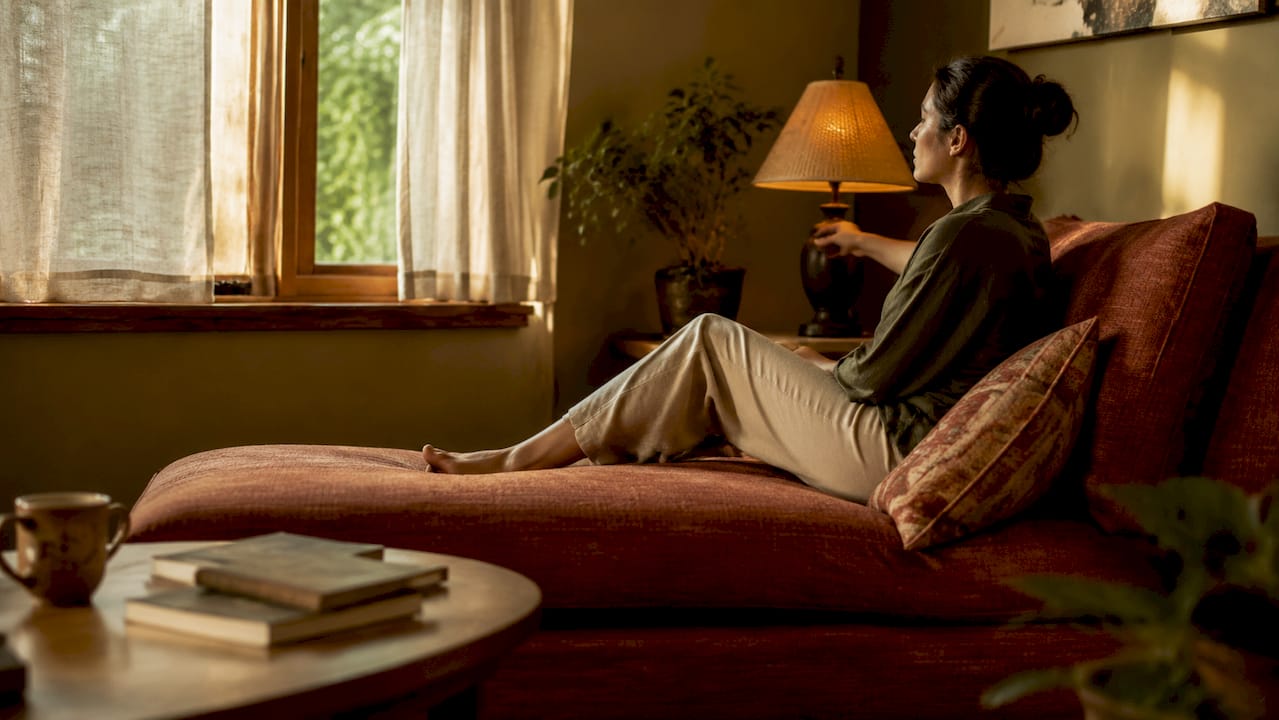 Woman setting warm lighting in cozy living room
