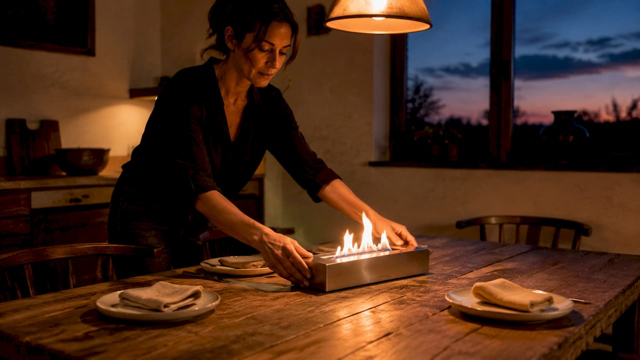 Woman placing tabletop fire on dining table