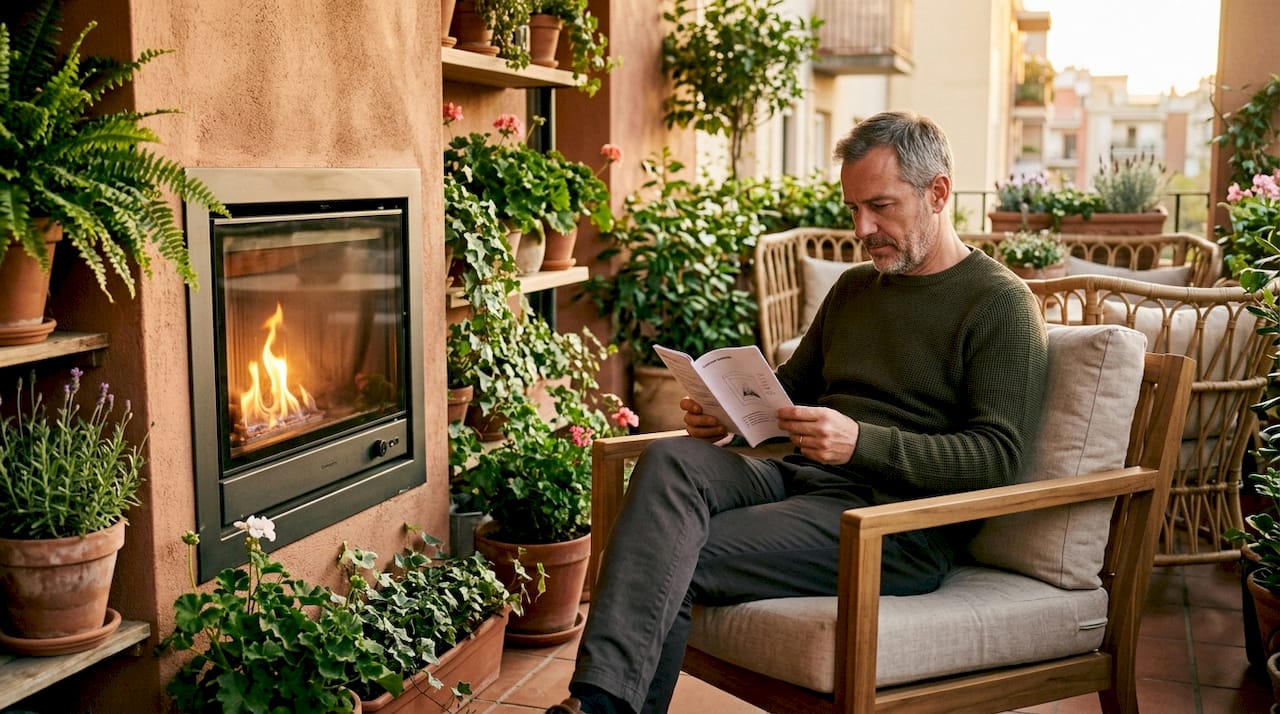 Ein Mann stellt den Hybrid-Kamin im Wohnzimmer ein.