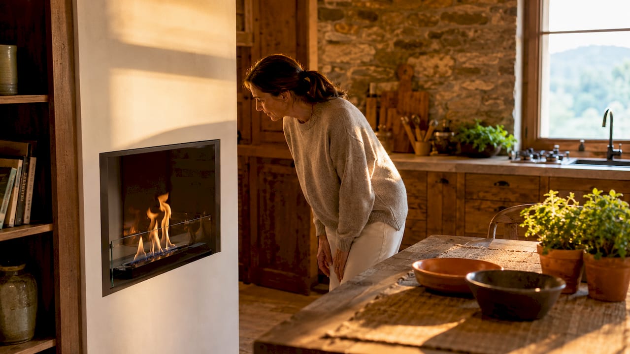 Woman inspecting eco bioethanol fireplace indoors