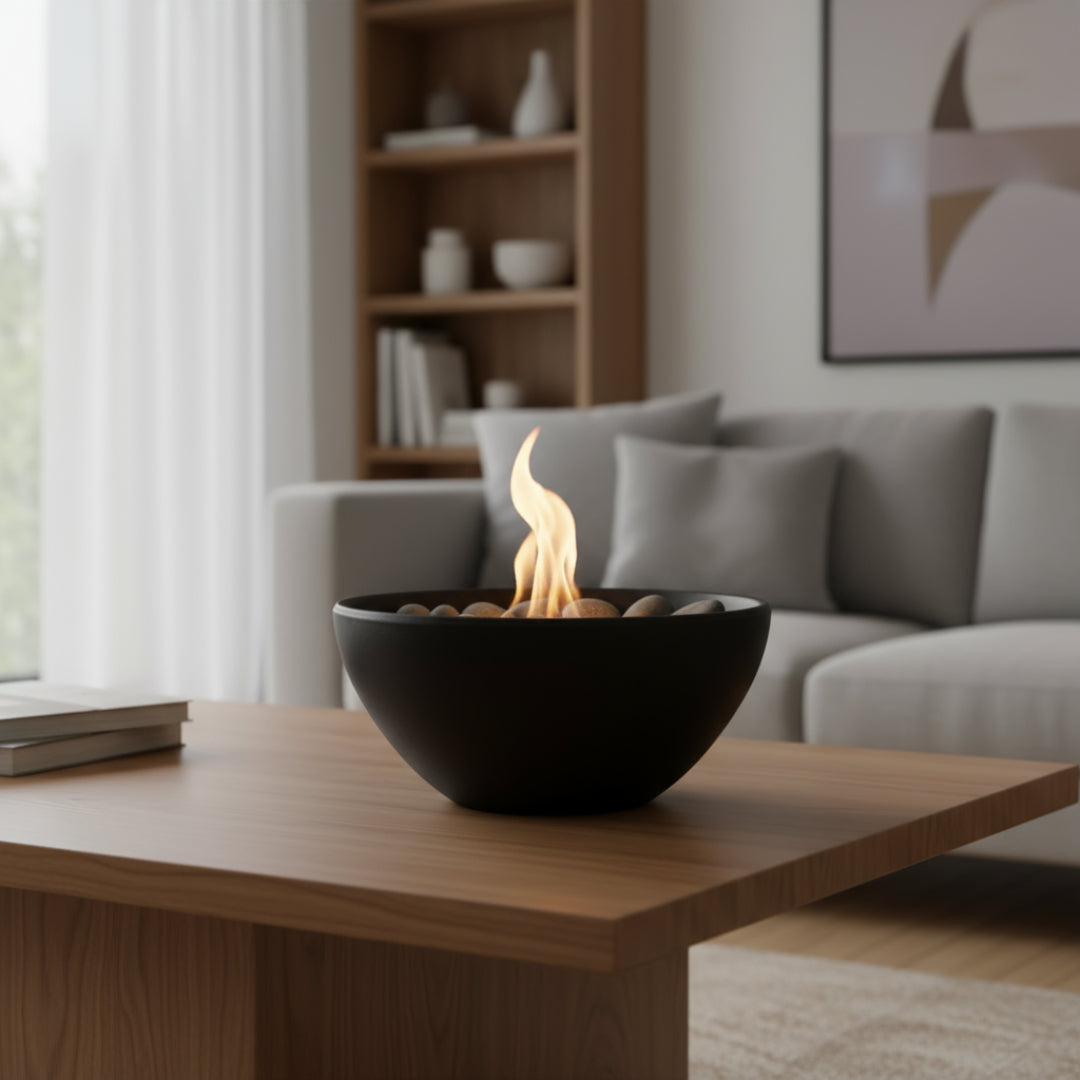 Black round bio ethanol tabletop fire pit on a wooden coffee table in a modern living room, creating a cozy indoor atmosphere with soft neutral tones.