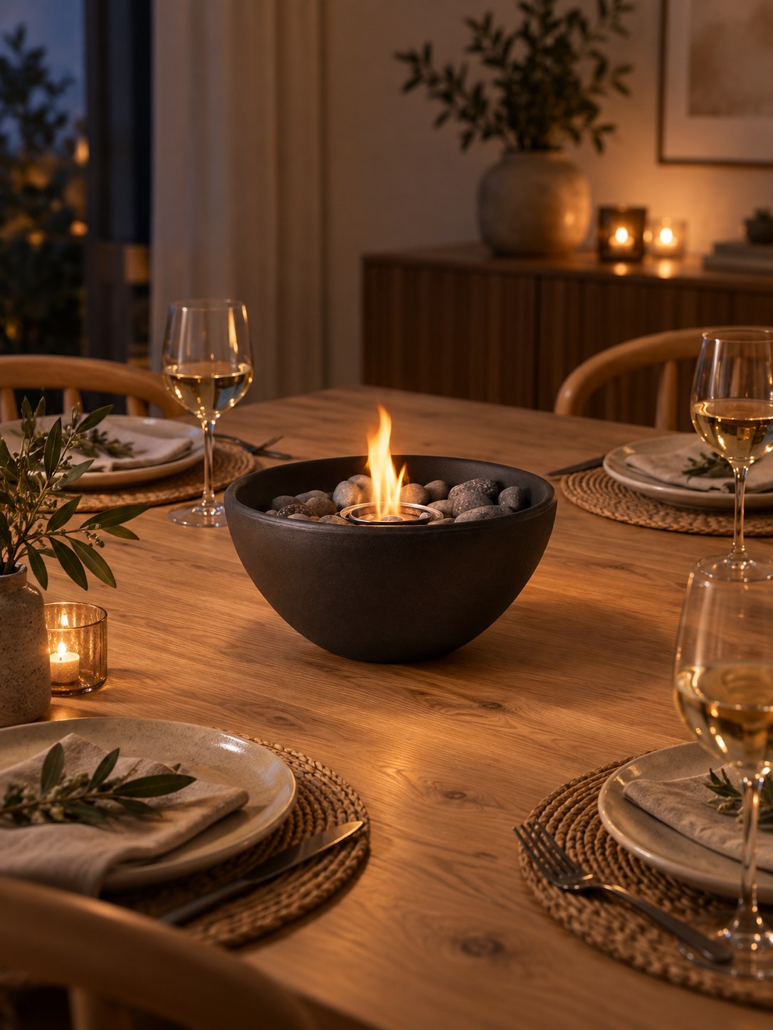 Black round bio-ethanol tabletop fireplace lit on a set dining table in the evening