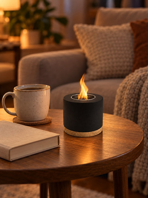 Ardente Mini black bio-ethanol tabletop fireplace lit on a side table next to a coffee cup