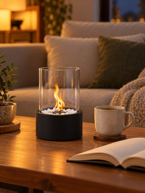 Flamme Royale round glass bio-ethanol tabletop fireplace lit on a coffee table next to a mug and a book