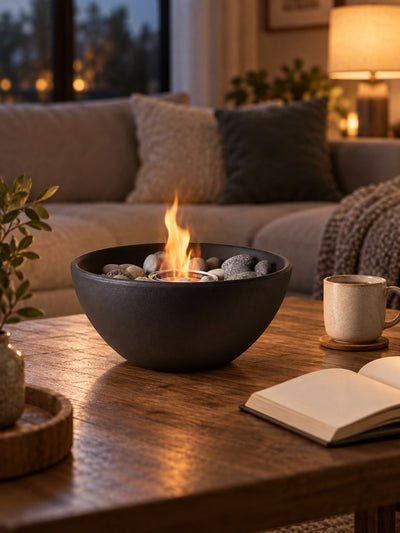 Black round bio-ethanol tabletop fireplace lit on a coffee table in a living room next to a mug and a book