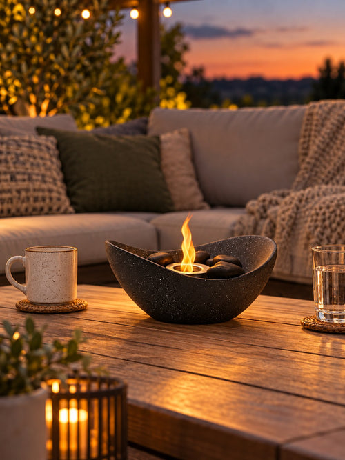 Ardente anthracite oval bio-ethanol tabletop fireplace lit on an outdoor table on a covered patio at dusk