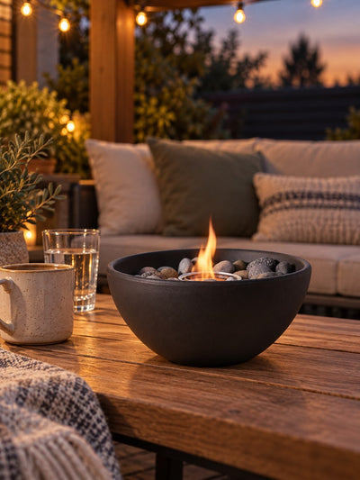 Black round bio-ethanol tabletop fireplace lit on an outdoor table on a covered patio at dusk