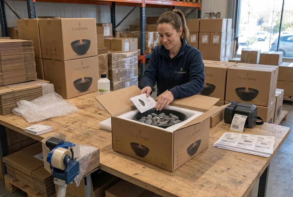 Linda verpackt bei uns die Bestellungen. Jeder Kamin kommt mit Steinen, Anleitung und einer festen Schaumstoffeinlage in den Karton, in unserem Lager in den Niederlanden.